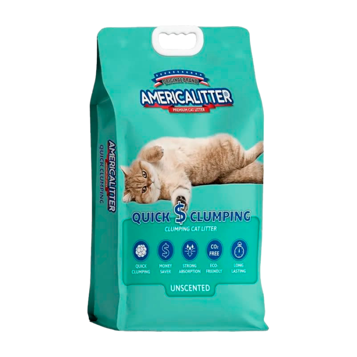 Saco de 20kg de Americalitter Quick Clumping Arena Sanitaria, con el diseño del empaque.