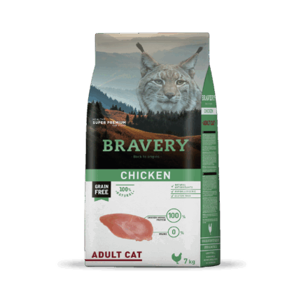 Bolsa de 7kg de Bravery Chicken Adult Cat Alimento para Gatos Adultos Grain-Free, mostrando el diseño del empaque.