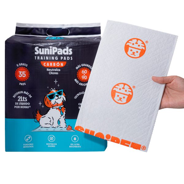 SABANILLAS DE CARBON Paquete de SuniPads Sabanillas Carbón 60x90 35 Pads con el diseño y la información clave visible.