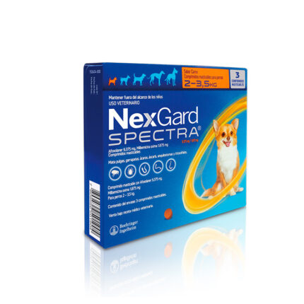Caja de NexGard Spectra para perros de 2-3.5kg con 3 comprimidos, mostrando el diseño del empaque.