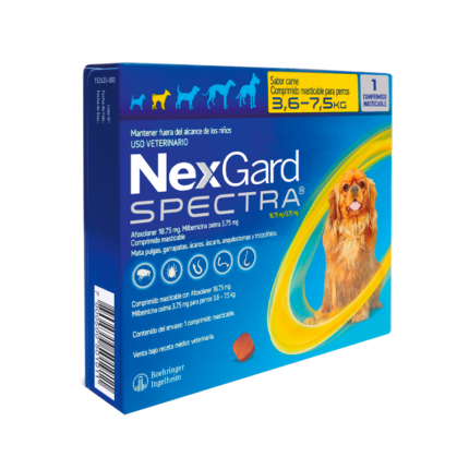 Caja de NexGard Spectra para perros de 3.6-7.5kg con 3 comprimidos, mostrando el diseño del empaque.