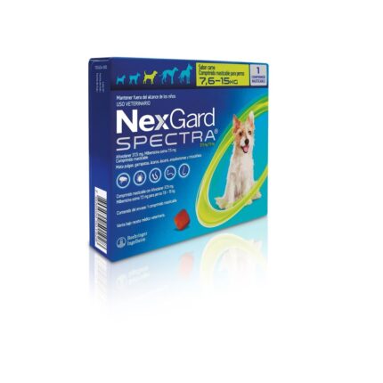 Caja de NexGard Spectra para perros de 7.6-15kg con 3 comprimidos, mostrando el diseño del empaque.
