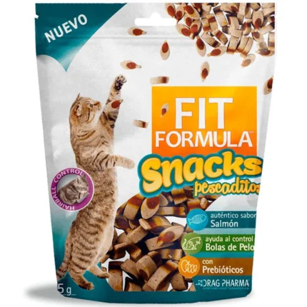 Bolsa de Fit Formula Snacks Pescaditos para Gatos – 65 g con empaque visible.