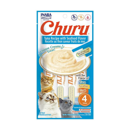 Pack de Churu Atún con Mariscos – 4 Tubos con empaque visible.